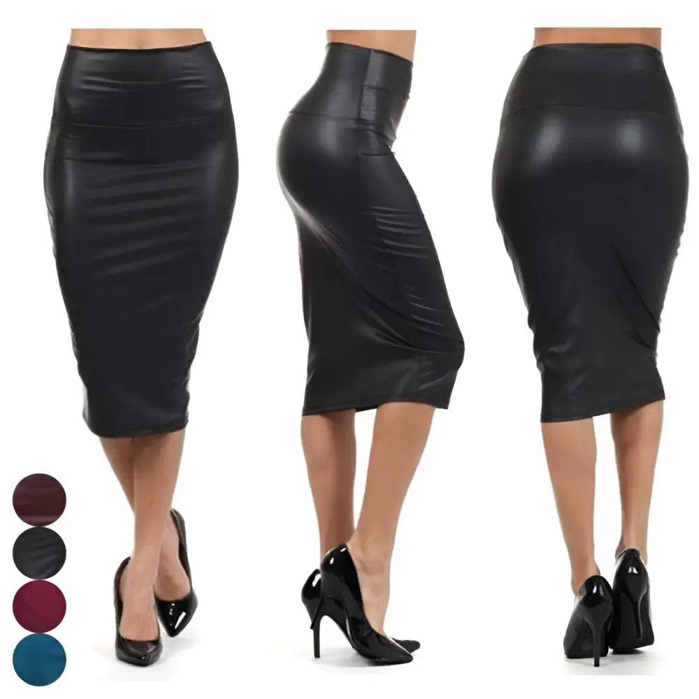 Women High Waist Faux Leather Pencil Skirt