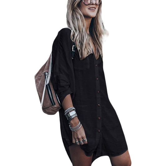 Women Loose Long Sleeve Swimsuit Cover Ups Button Down Beach Shirt