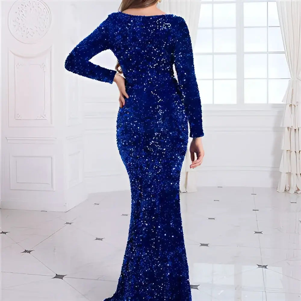 Women Modest Stretch Sequin Royal Blue Evening Gown