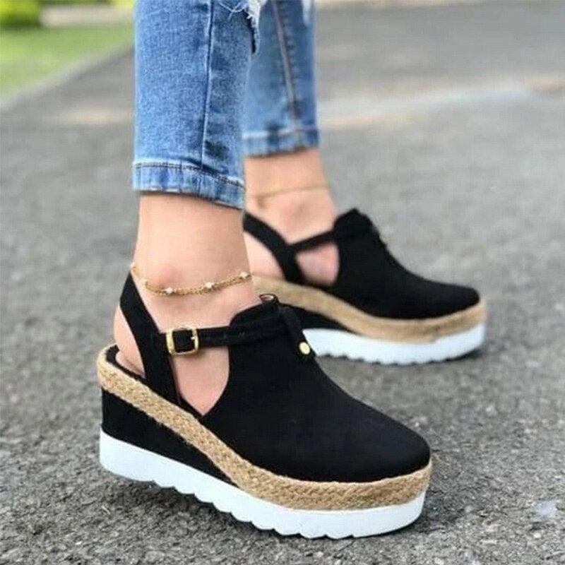 Women's Sandals Vintage Shoes Buckle Strap Straw Thick Bottom Flats Platform Sandals Flock Retro Shoes Woman Buckle Strap Straw Thick Bottom Party Flatform Sandals