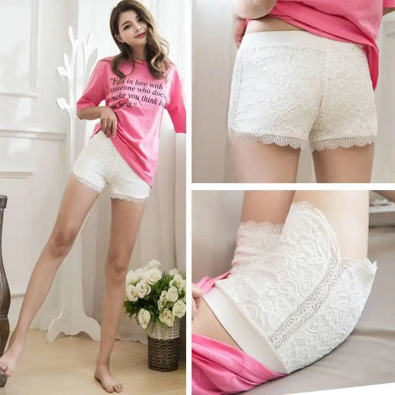 Women Shorts Lace Scalloped Hem Elastic Waistband
