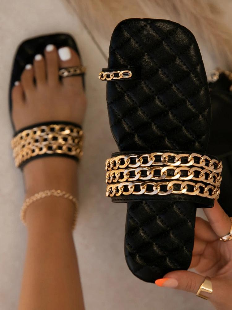 Women Summer Weave Slides Chain Flip Flops Outdoor Casual Sandals Square Heel Slippers Metal Chain Elastic Slingback Cute Flat Dressy Casual Summer Beach Sandals