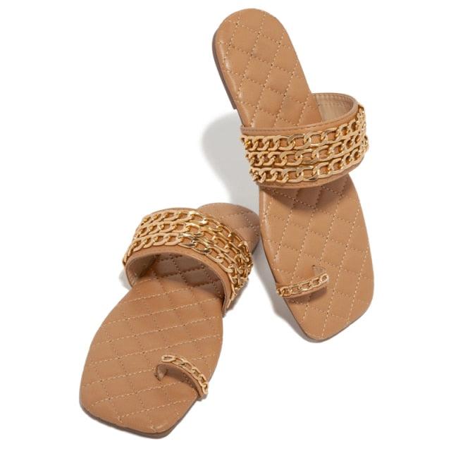 Women Summer Weave Slides Chain Flip Flops Outdoor Casual Sandals Square Heel Slippers Metal Chain Elastic Slingback Cute Flat Dressy Casual Summer Beach Sandals