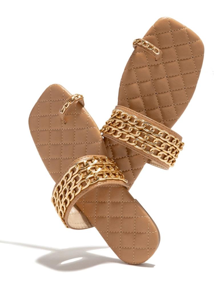 Women Summer Weave Slides Chain Flip Flops Outdoor Casual Sandals Square Heel Slippers Metal Chain Elastic Slingback Cute Flat Dressy Casual Summer Beach Sandals