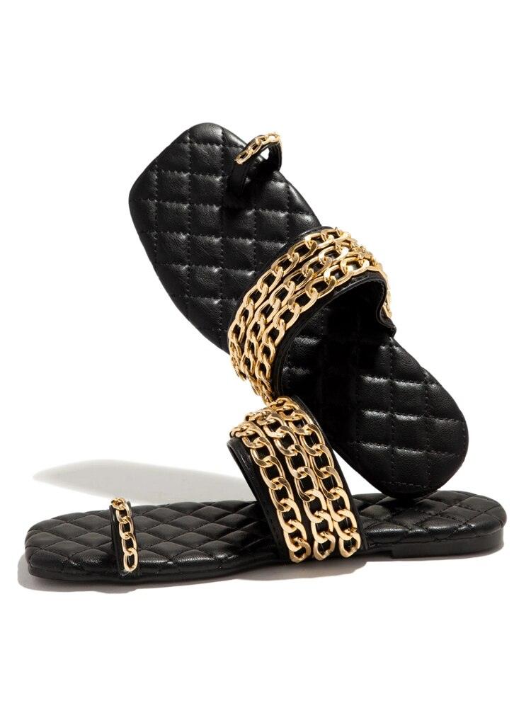 Women Summer Weave Slides Chain Flip Flops Outdoor Casual Sandals Square Heel Slippers Metal Chain Elastic Slingback Cute Flat Dressy Casual Summer Beach Sandals