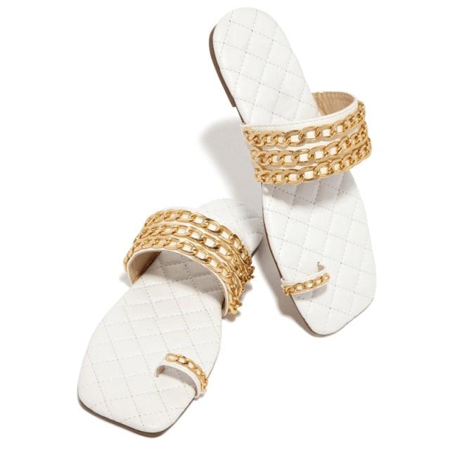Women Summer Weave Slides Chain Flip Flops Outdoor Casual Sandals Square Heel Slippers Metal Chain Elastic Slingback Cute Flat Dressy Casual Summer Beach Sandals