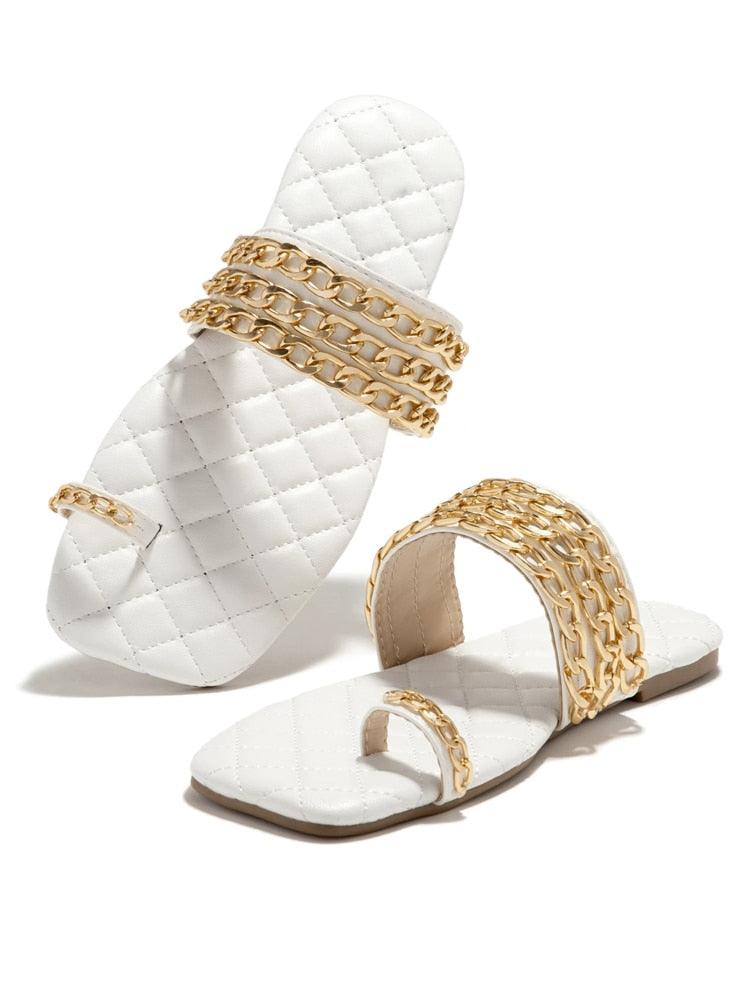 Women Summer Weave Slides Chain Flip Flops Outdoor Casual Sandals Square Heel Slippers Metal Chain Elastic Slingback Cute Flat Dressy Casual Summer Beach Sandals