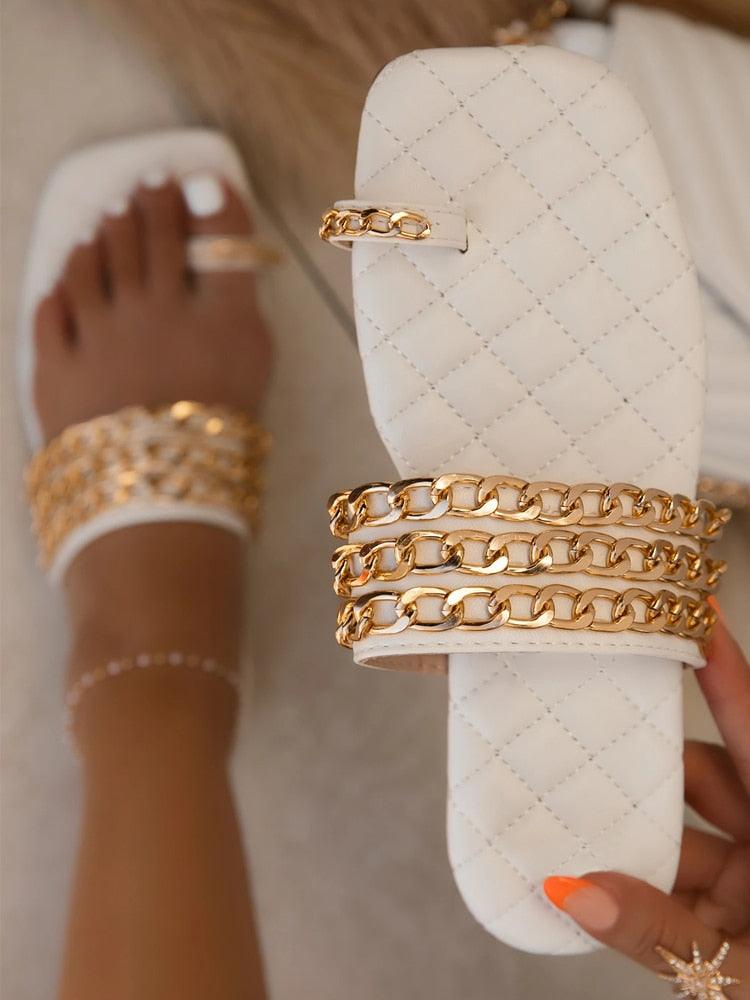 Women Summer Weave Slides Chain Flip Flops Outdoor Casual Sandals Square Heel Slippers Metal Chain Elastic Slingback Cute Flat Dressy Casual Summer Beach Sandals
