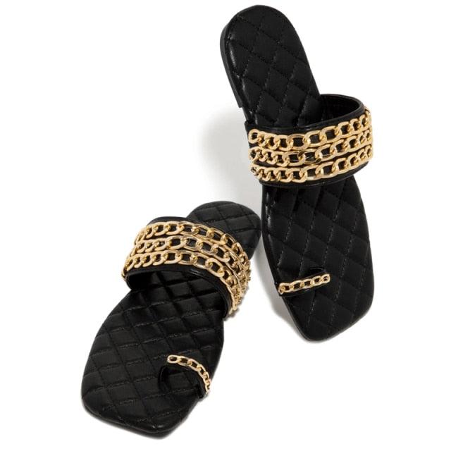 Women Summer Weave Slides Chain Flip Flops Outdoor Casual Sandals Square Heel Slippers Metal Chain Elastic Slingback Cute Flat Dressy Casual Summer Beach Sandals