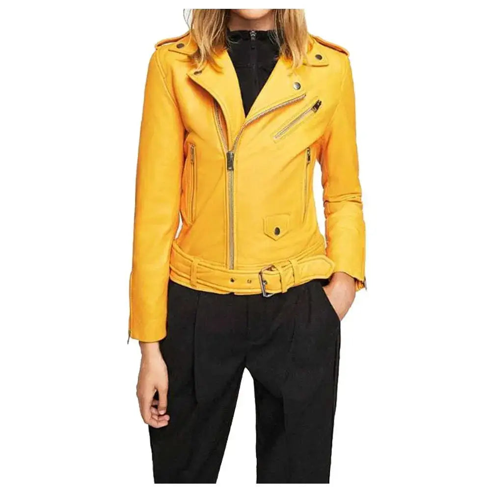 Women's Mango Yellow Slim Fit Motorcycle Leather Jacket-0