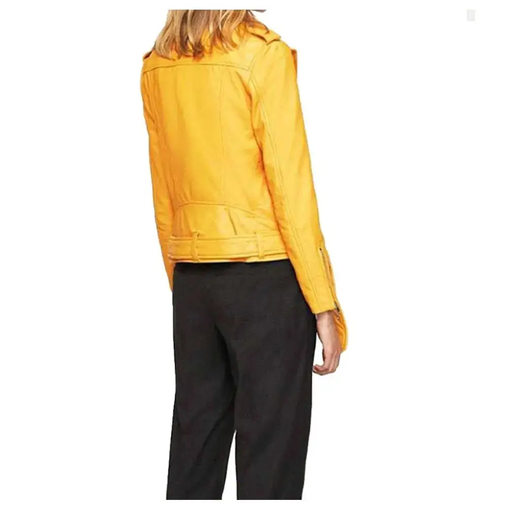 Women's Mango Yellow Slim Fit Motorcycle Leather Jacket-2