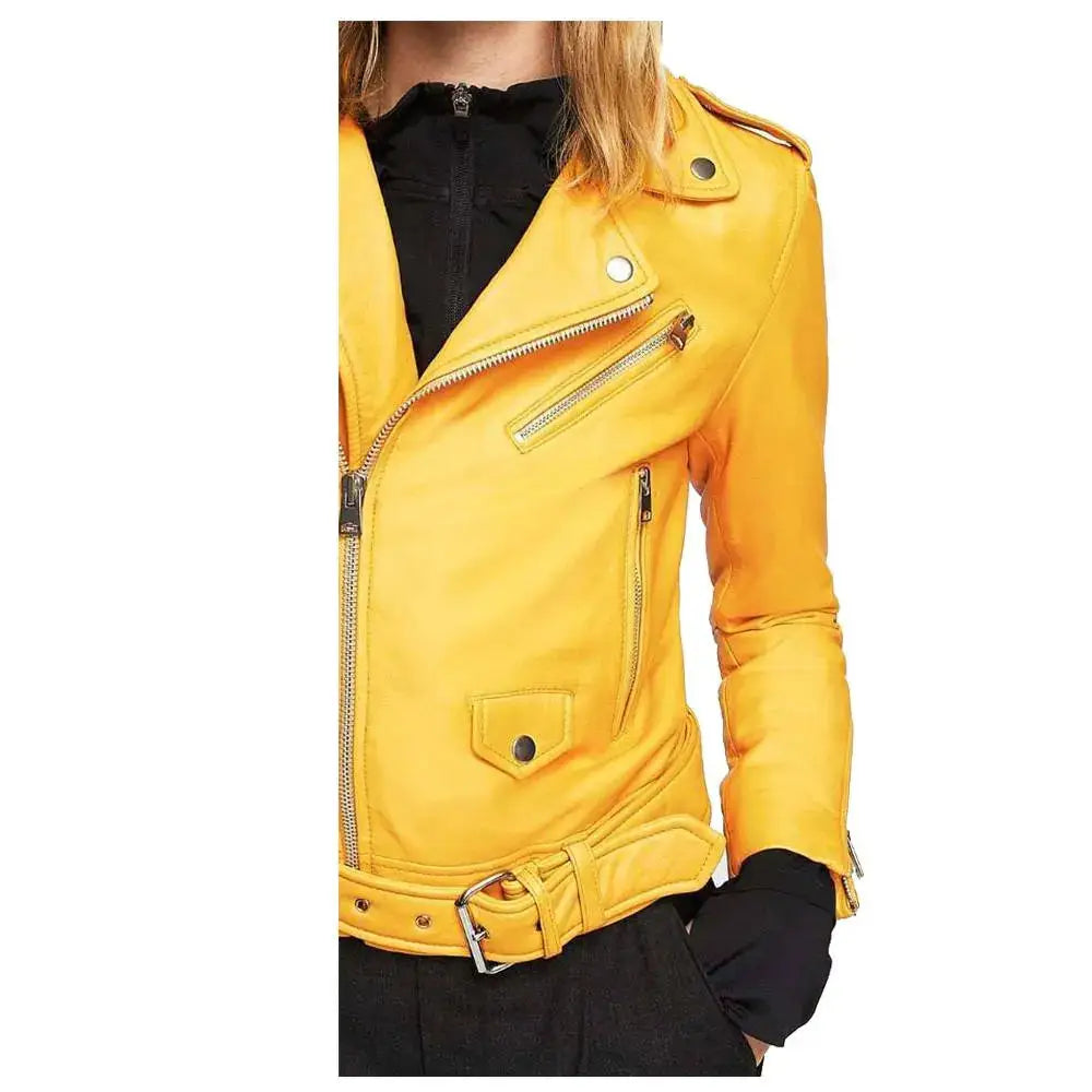Women's Mango Yellow Slim Fit Motorcycle Leather Jacket-1