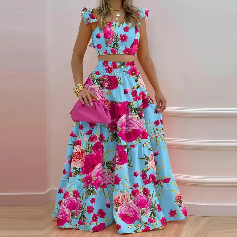 Blue floral two piece skirt set for women, tropical flower print crop top and high waist maxi skirt outfit, elegant summer vacation matching set, resort wear, beach outfit, boho floral co ord set, feminine casual fashion, spring summer women's clothing