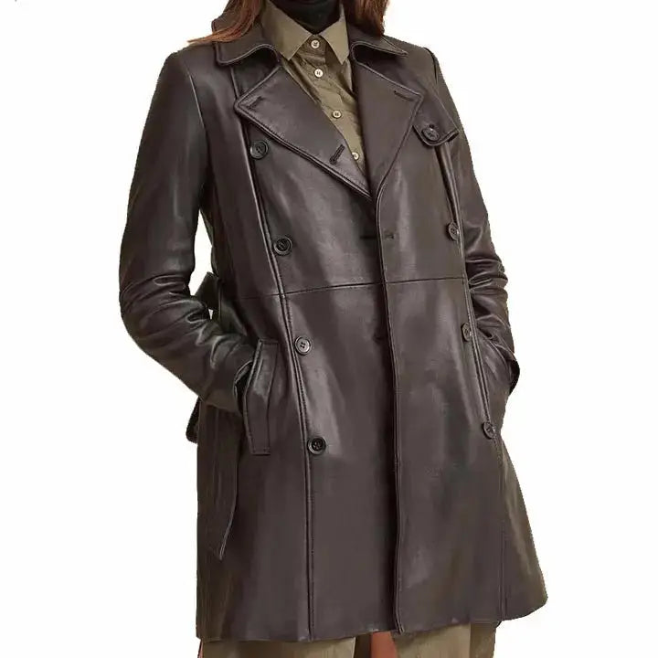 Womens Black Leather Trench Coat-1