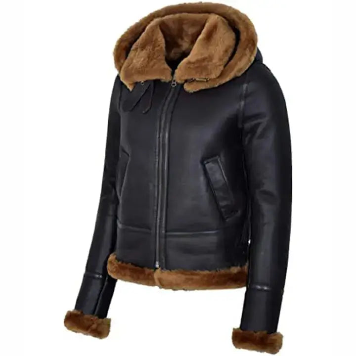Womens Black Hooded Sheepskin Aviator Jacket-1