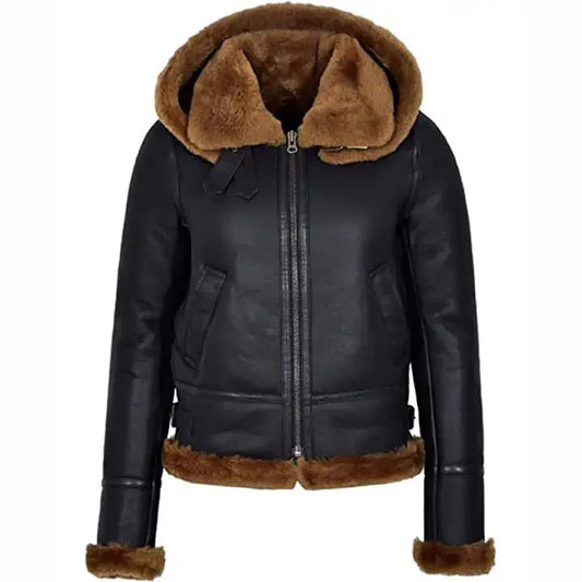 Womens Black Hooded Sheepskin Aviator Jacket-0