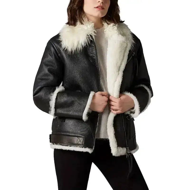 Women's Black Leather Jacket with Ivory Faux Shearling-0