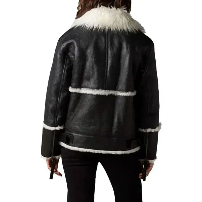 Women's Black Leather Jacket with Ivory Faux Shearling-1