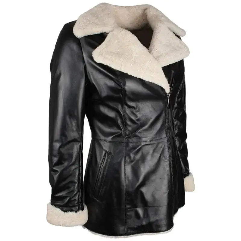 Womens Black Shearling Lambskin Trench Coat-2