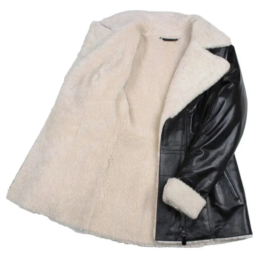 Womens Black Shearling Lambskin Trench Coat-3