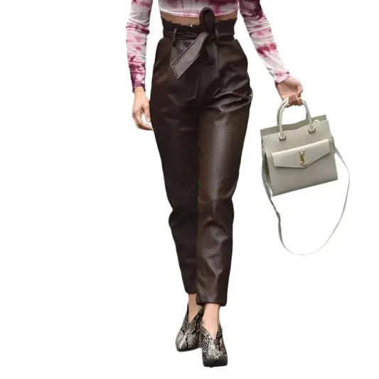 Women’s Brown Lambskin Leather Joggers-0