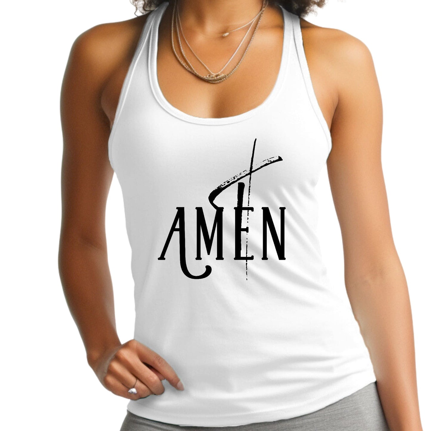 Womens Fitness Tank Top Graphic T-shirt - Amen Black Print