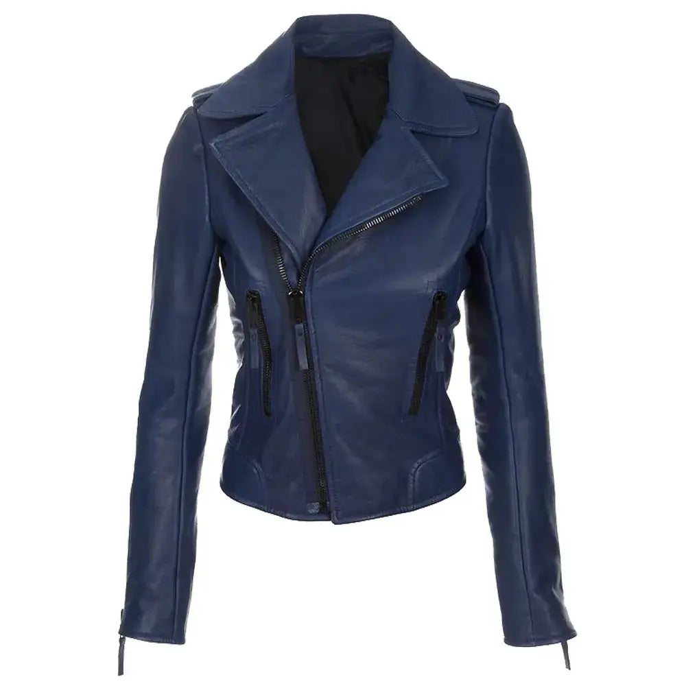 Women's Navy Blue Leather Biker Jacket-0