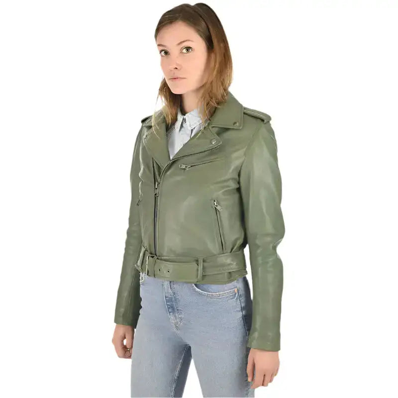Women's Olive Green Lambskin Leather Jacket-1