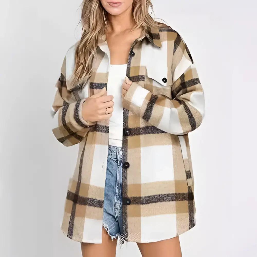 Women’s Plaid Buckle Long Sleeve Jacket