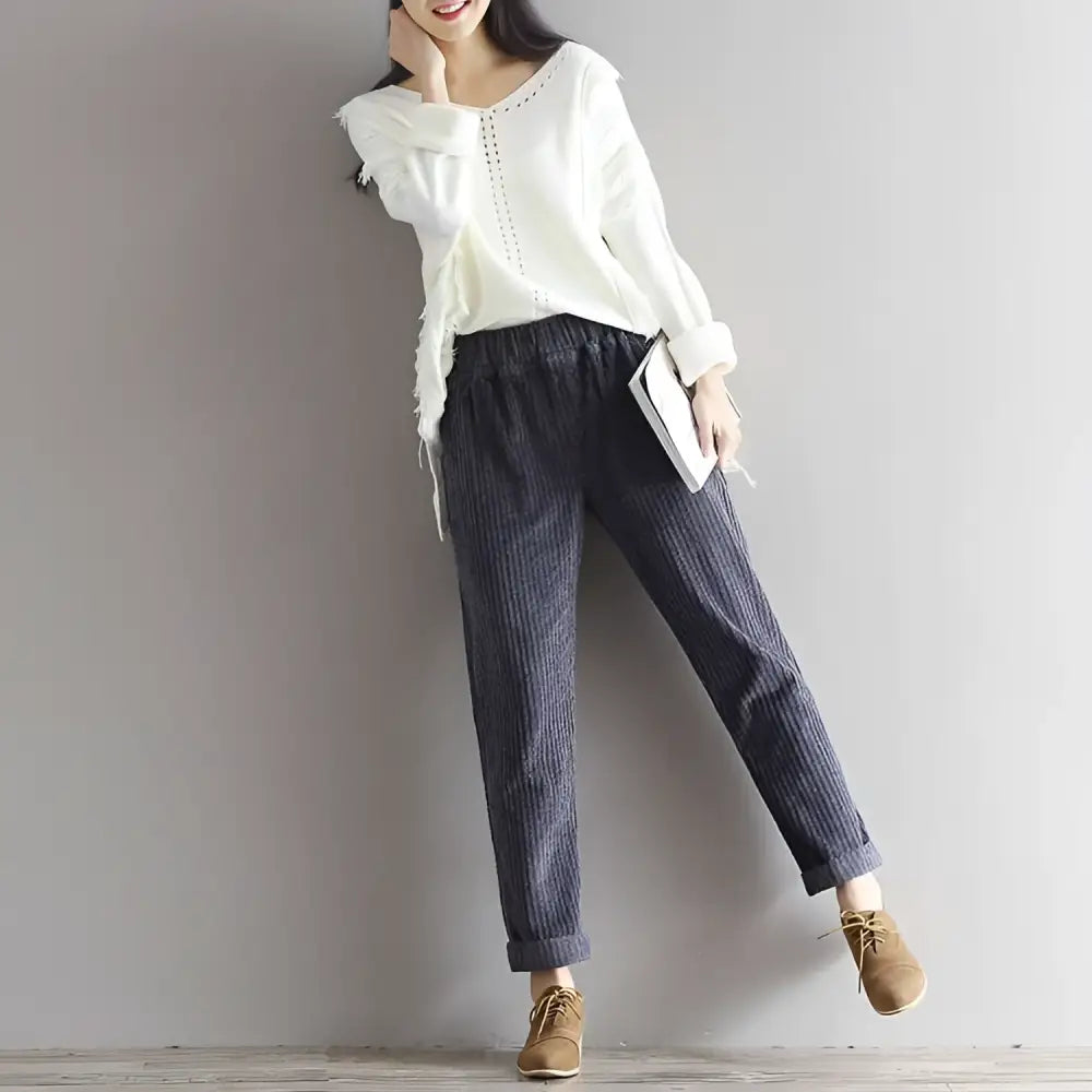 Women’s Plus Size Dark Blue Corduroy Casual Trousers