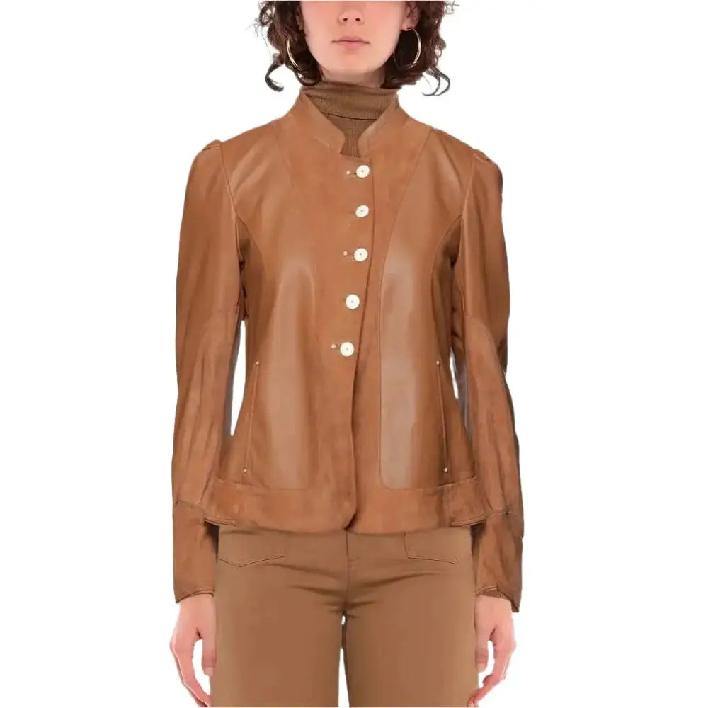 Women's Single-Breasted Leather & Suede Jacket with Mandarin Collar-0