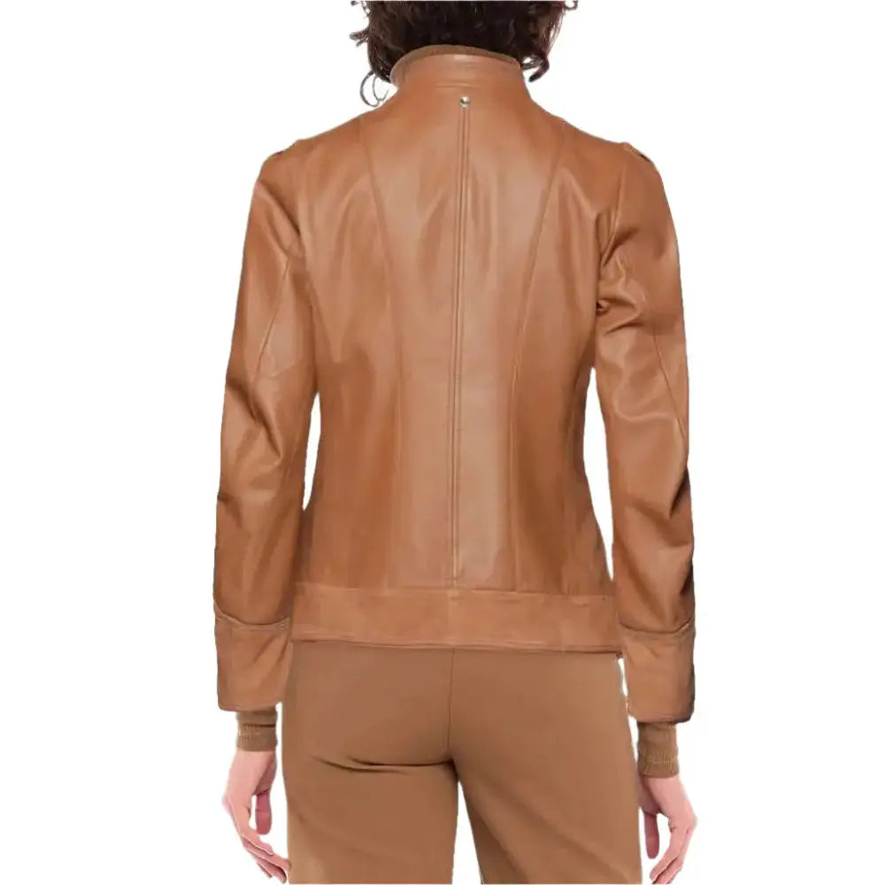 Women's Single-Breasted Leather & Suede Jacket with Mandarin Collar-1