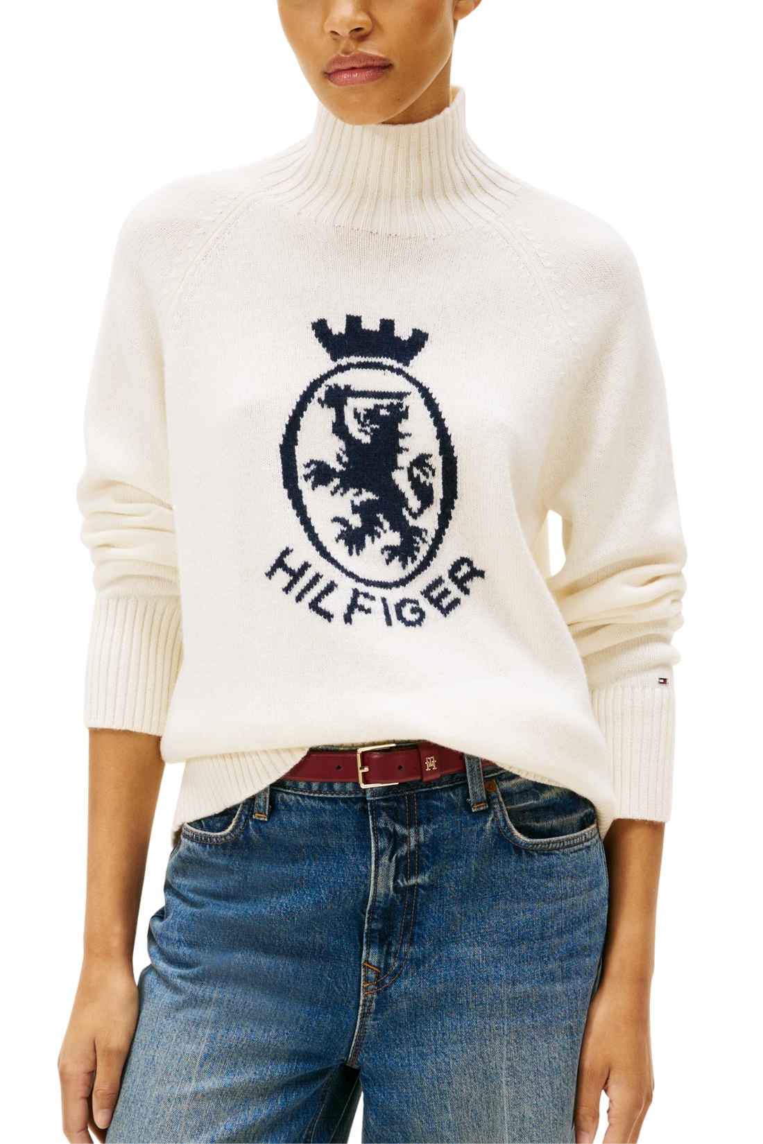 TOMMY HILFIGER - Women's mock sweater with logo inlay - Size L-5