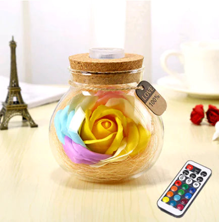 Lucky Star Glass Bottle Soap Flower Night Light with Optional Remote