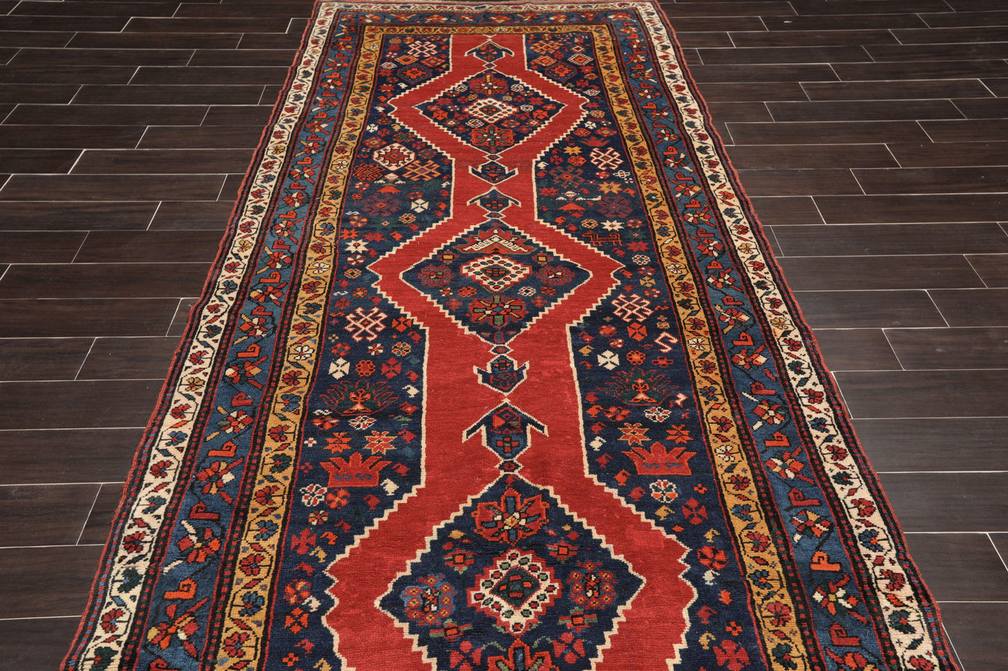4'7" x 11'9" Hand Knotted Wool Traditional Runner Vegetable dyes Area Rug Red-2