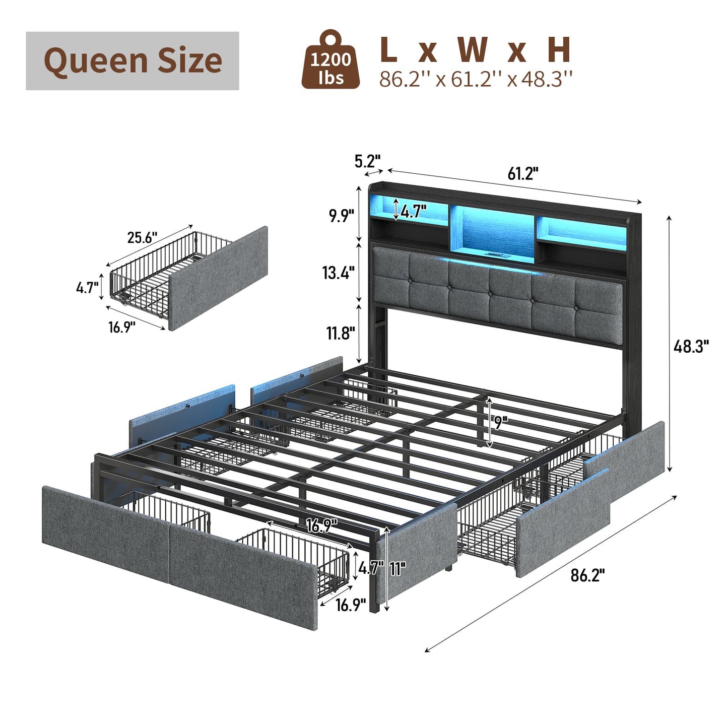 Full LED Bed Frame with LED, USB Charging, Storage Drawers, No Box Spring Needed - Vektaya-1