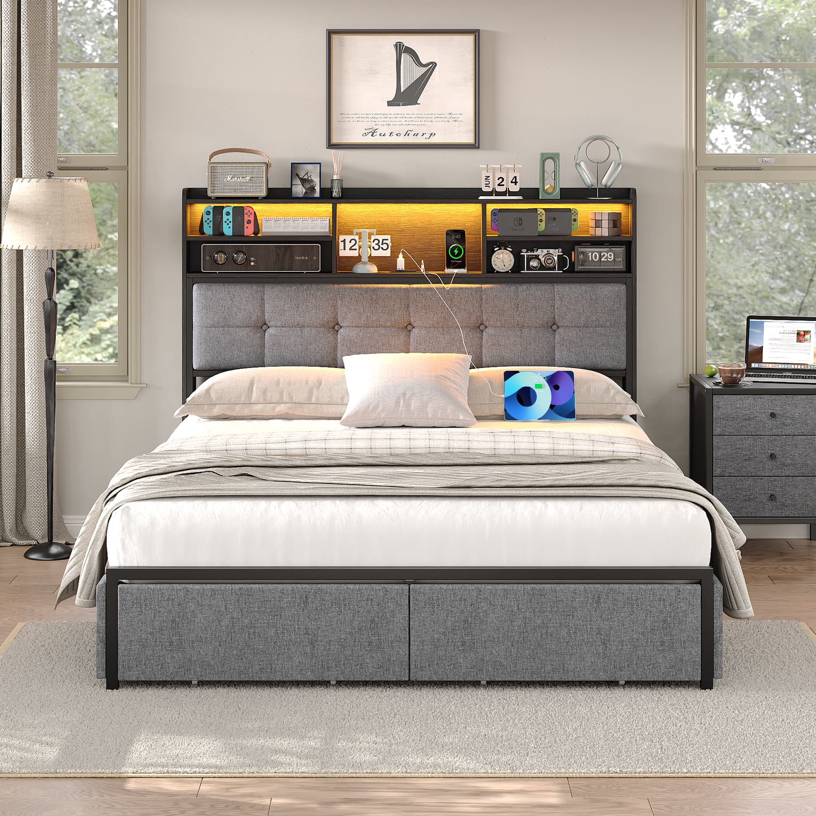 Full LED Bed Frame with LED, USB Charging, Storage Drawers, No Box Spring Needed - Vektaya-3