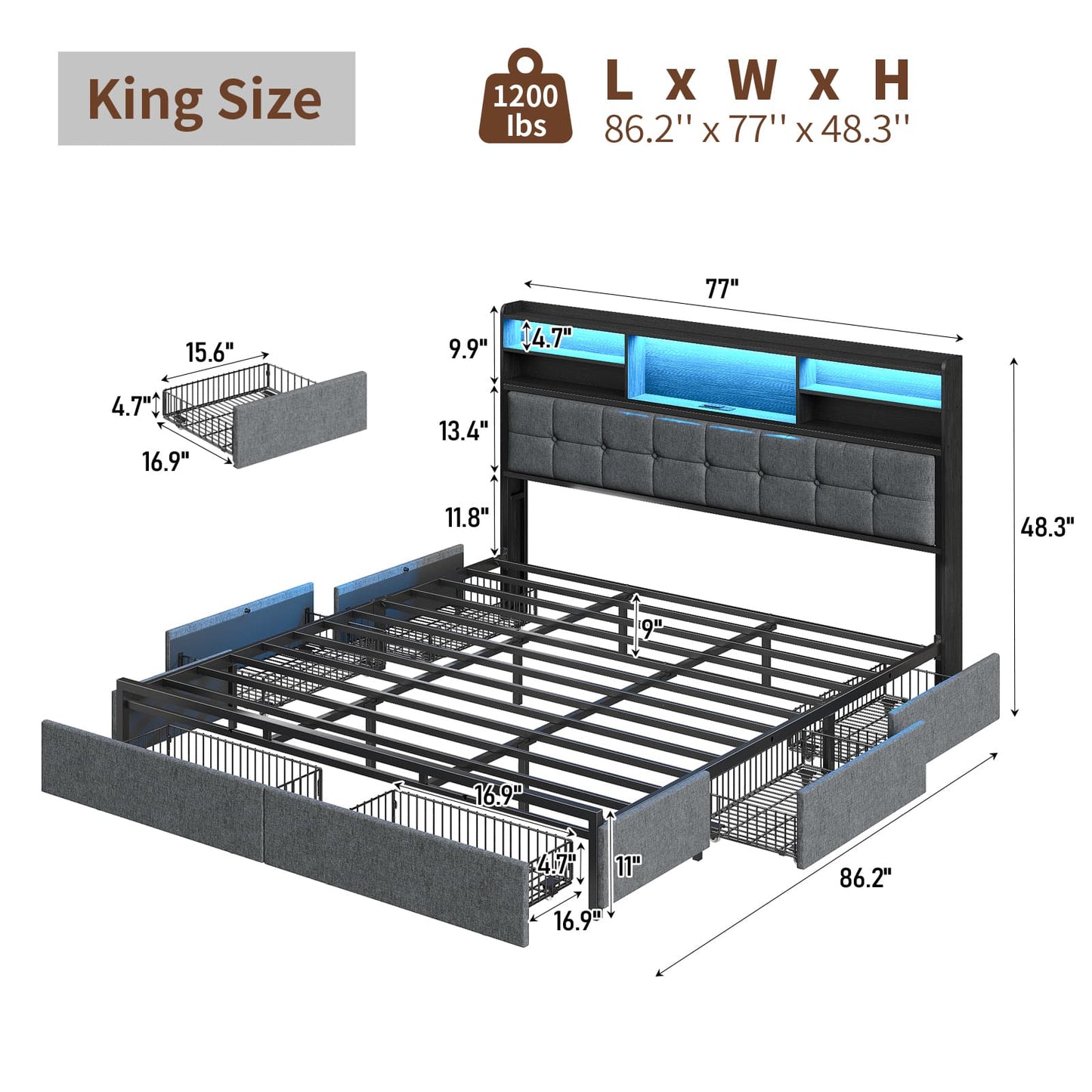 Full LED Bed Frame with LED, USB Charging, Storage Drawers, No Box Spring Needed - Vektaya-2