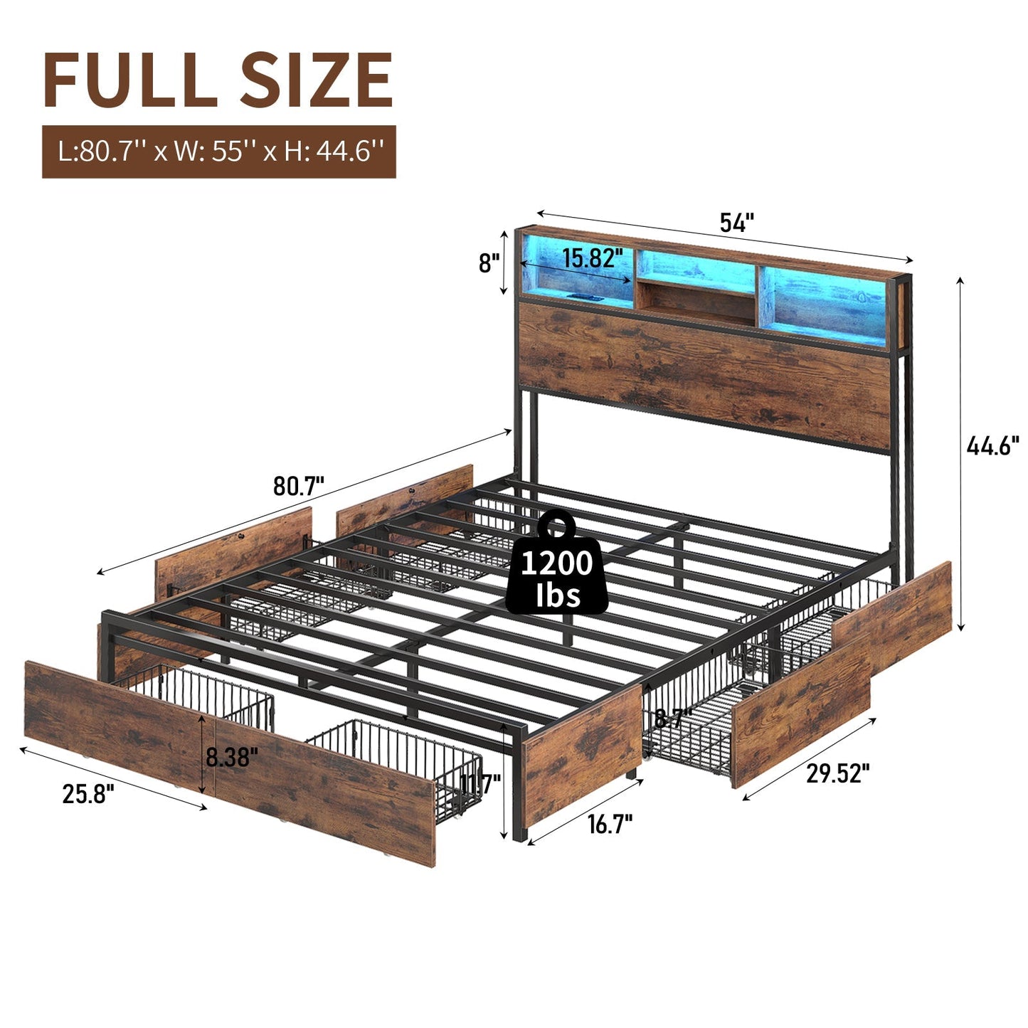 Full LED Bed Frame with LED, USB Charging, Storage Drawers, No Box Spring Needed - Vektaya-1