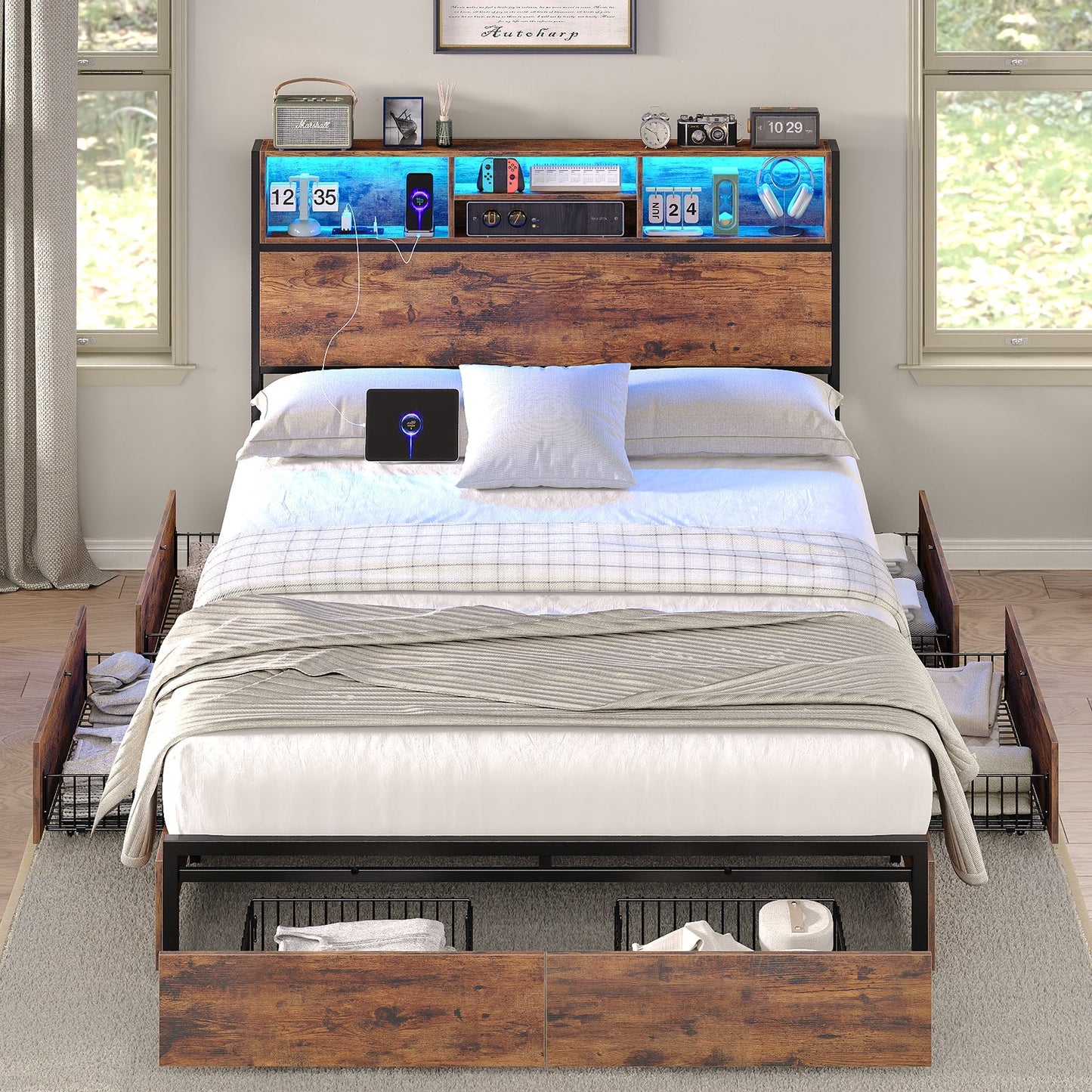 Full LED Bed Frame with LED, USB Charging, Storage Drawers, No Box Spring Needed - Vektaya-4