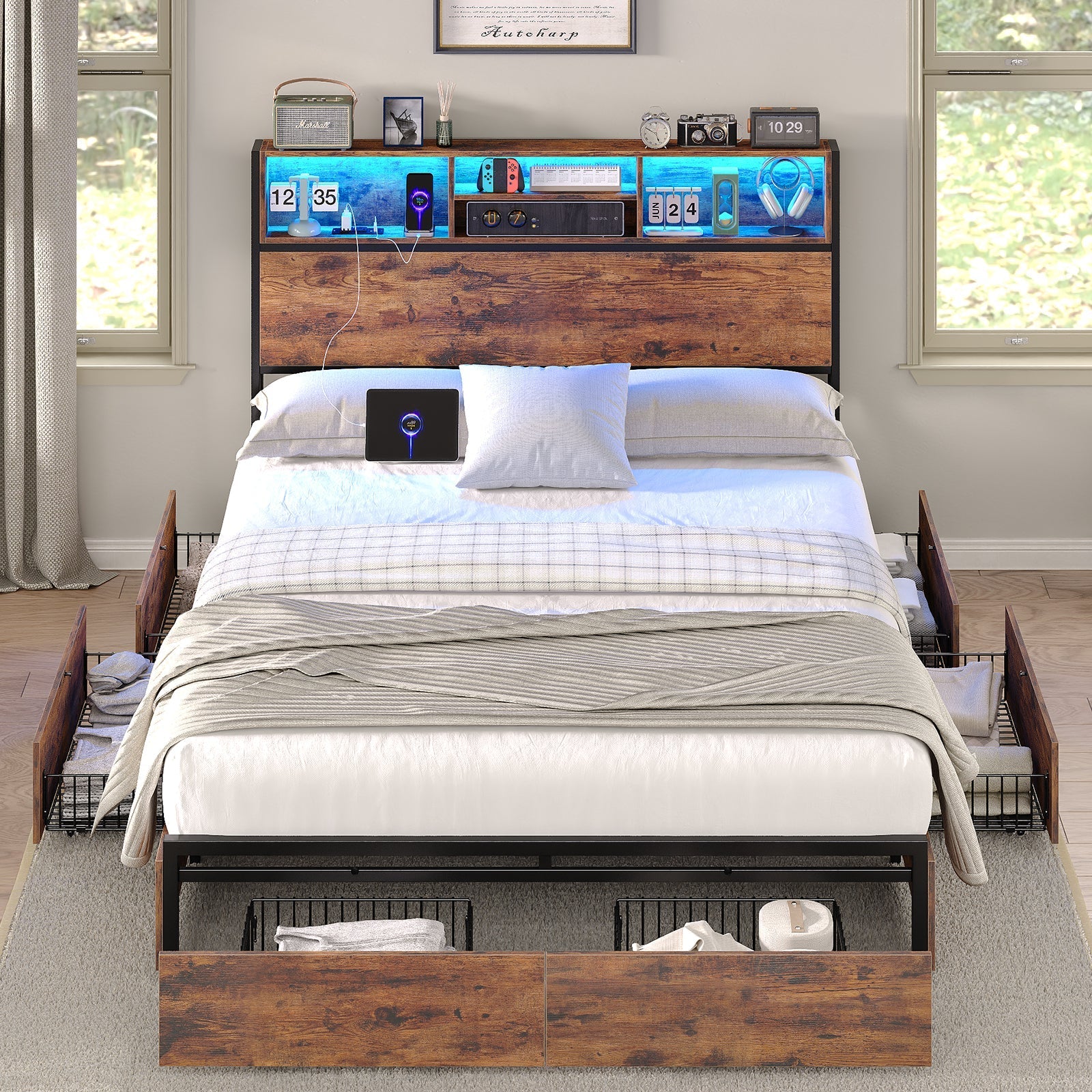 Full LED Bed Frame with LED, USB Charging, Storage Drawers, No Box Spring Needed - Vektaya-4