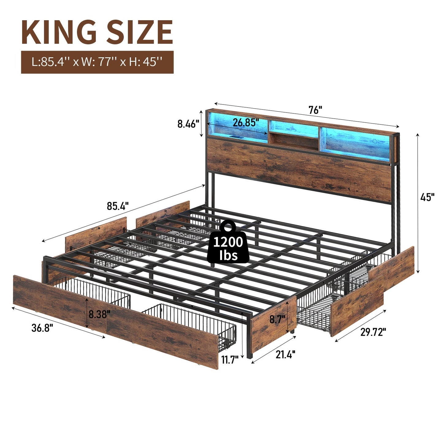 Full LED Bed Frame with LED, USB Charging, Storage Drawers, No Box Spring Needed - Vektaya-3