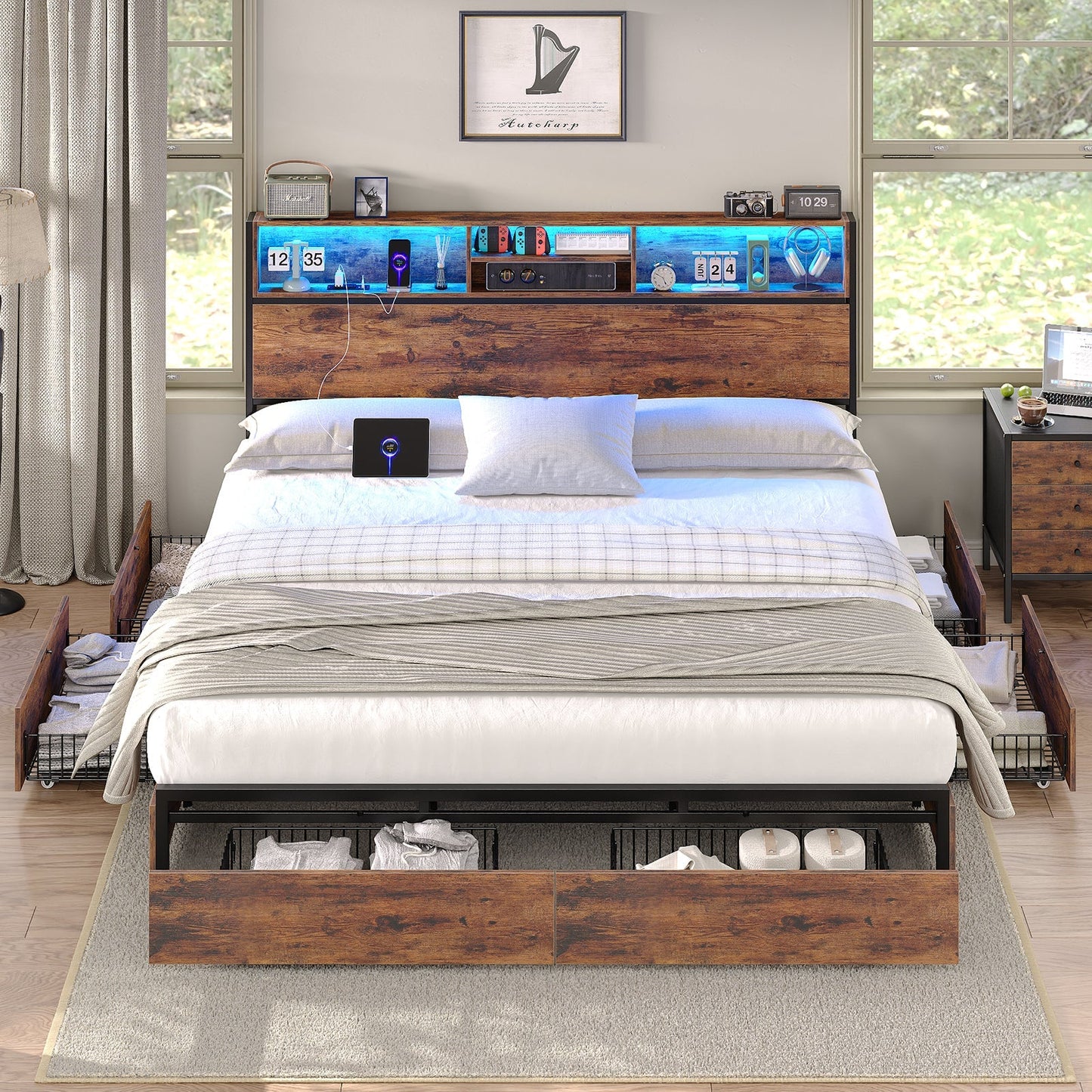 Full LED Bed Frame with LED, USB Charging, Storage Drawers, No Box Spring Needed - Vektaya-6