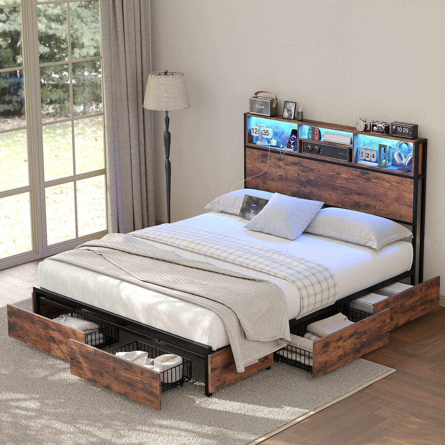 Full LED Bed Frame with LED, USB Charging, Storage Drawers, No Box Spring Needed - Vektaya-5