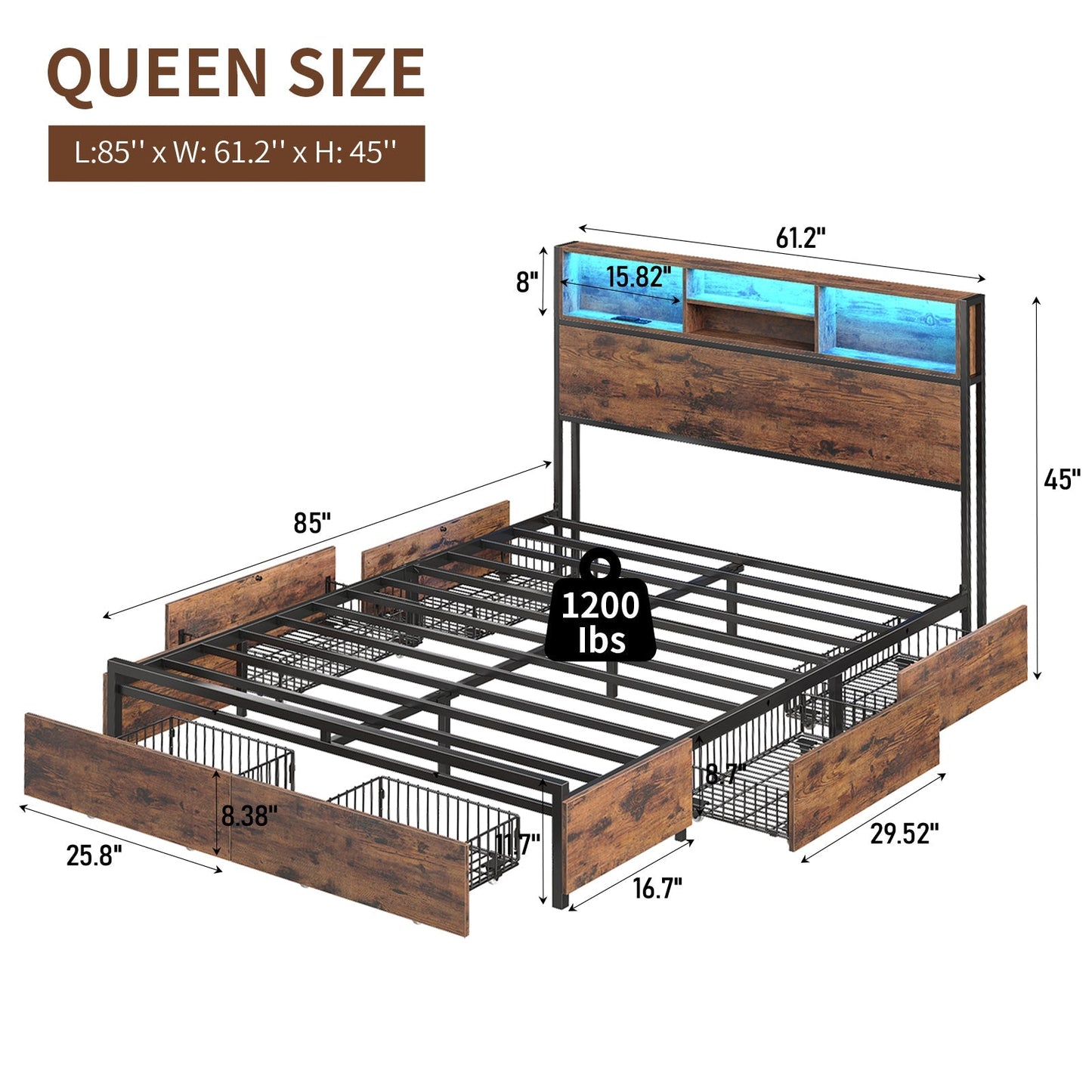 Full LED Bed Frame with LED, USB Charging, Storage Drawers, No Box Spring Needed - Vektaya-2