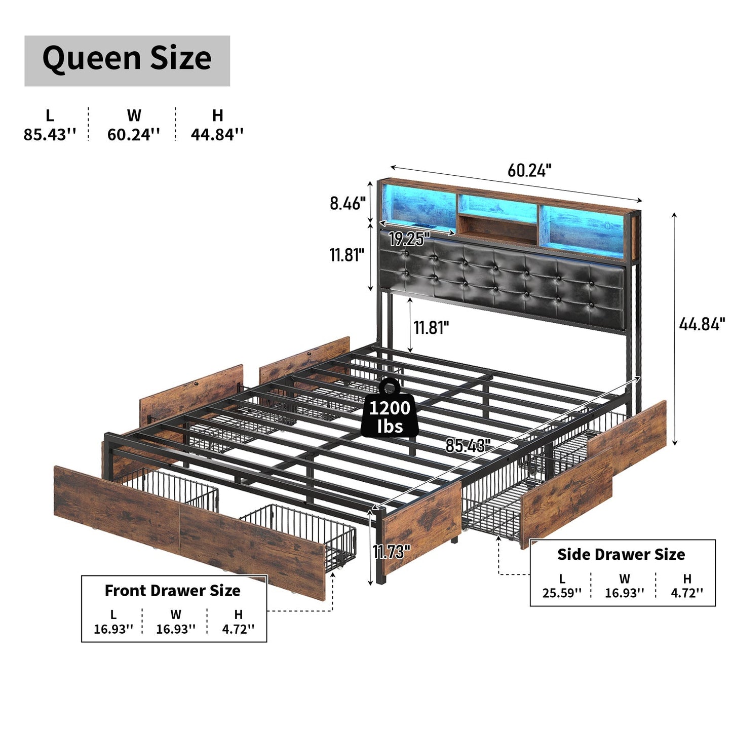 Full RGB LED Bed Frame with RGB LED, USB Charging, Storage Drawers, No Box Spring Needed - Vektaya-2