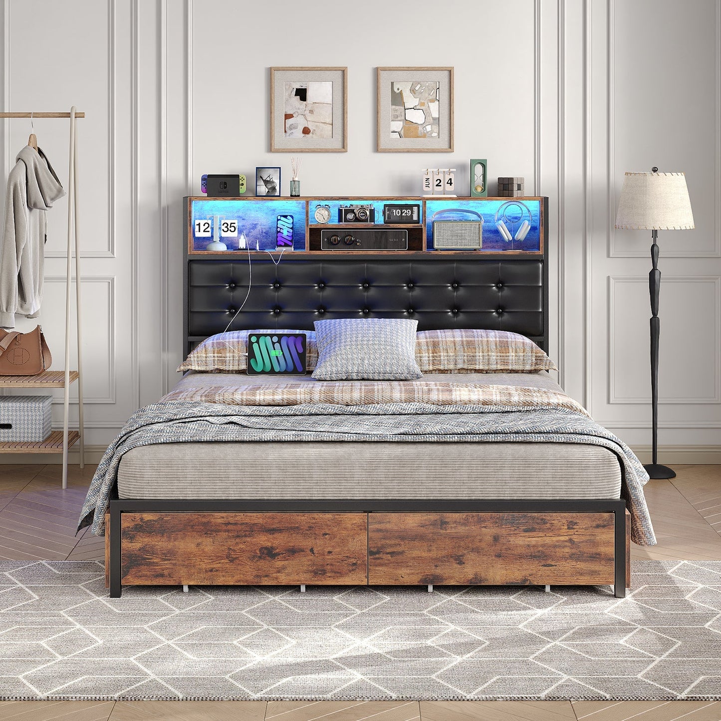 Full RGB LED Bed Frame with RGB LED, USB Charging, Storage Drawers, No Box Spring Needed - Vektaya-4