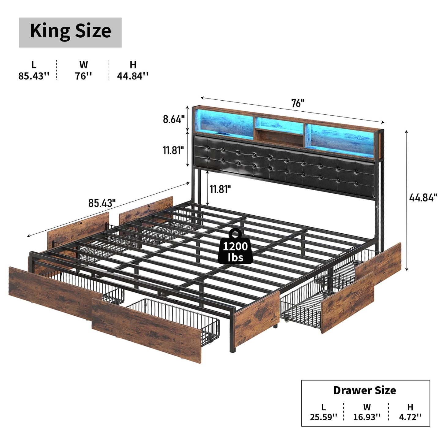 Full RGB LED Bed Frame with RGB LED, USB Charging, Storage Drawers, No Box Spring Needed - Vektaya-3
