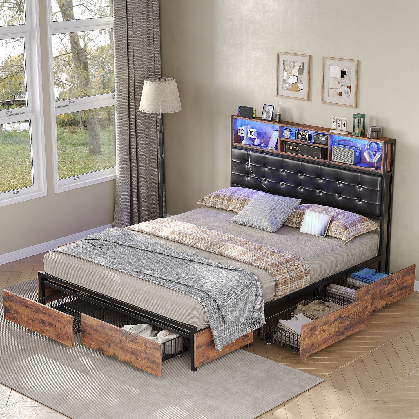 Full RGB LED Bed Frame with RGB LED, USB Charging, Storage Drawers, No Box Spring Needed - Vektaya-5