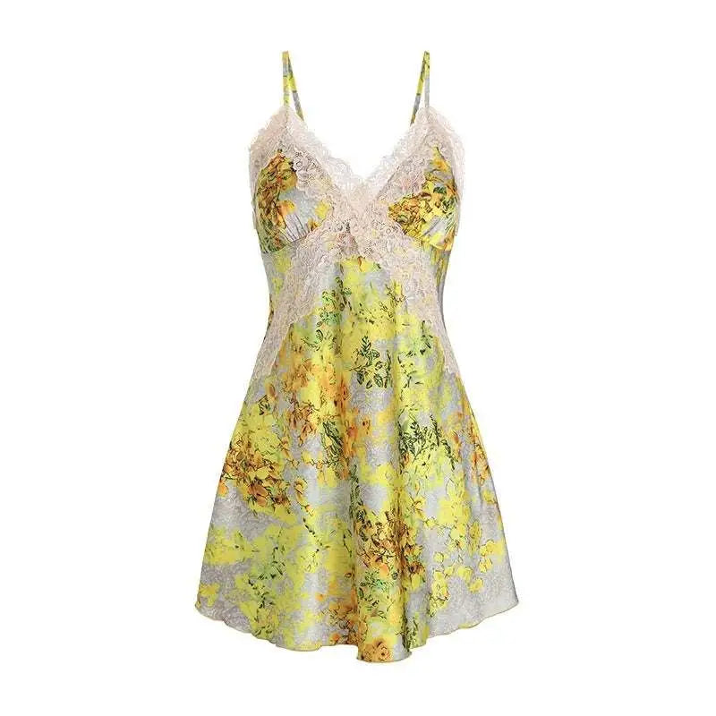 Yellow Floral Satin Cross Lace Nightdress